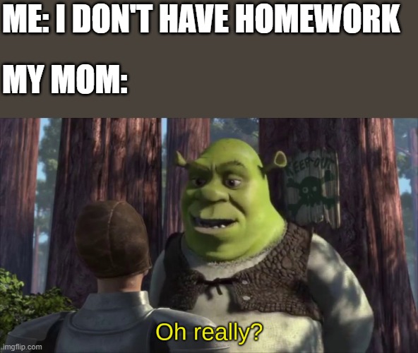 Shrek oh really | ME: I DON'T HAVE HOMEWORK; MY MOM: | image tagged in shrek oh really,i'm 15 so don't try it,who reads these | made w/ Imgflip meme maker