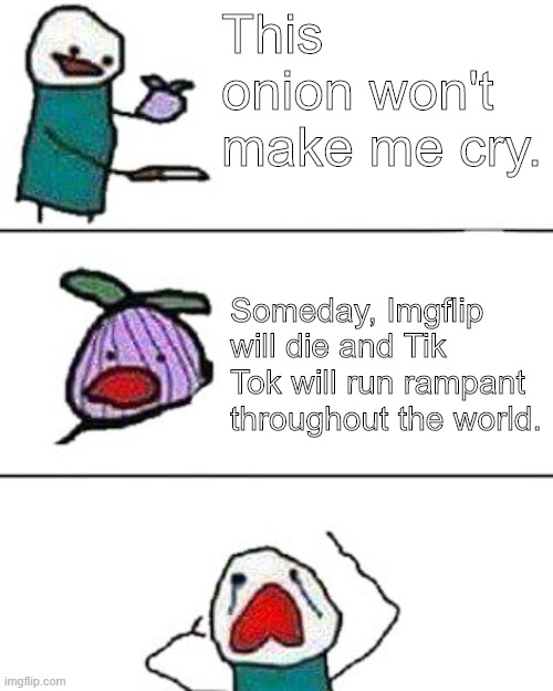 The war on Tik Tok | This onion won't make me cry. Someday, Imgflip will die and Tik Tok will run rampant throughout the world. | image tagged in this onion won't make me cry,tik tok,memes,imgflip | made w/ Imgflip meme maker