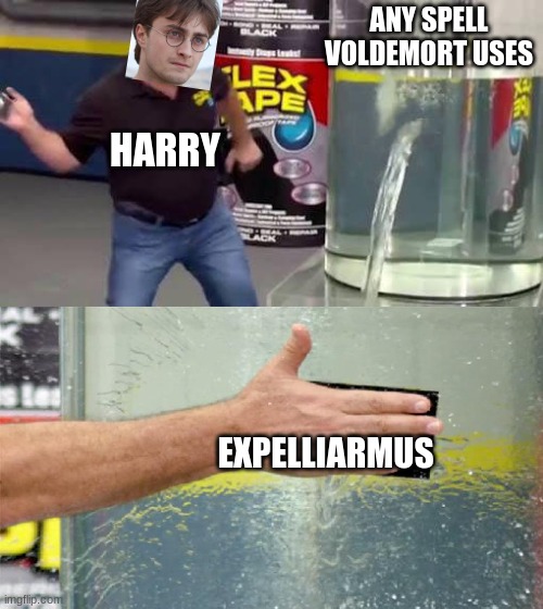 Its true | ANY SPELL VOLDEMORT USES; HARRY; EXPELLIARMUS | image tagged in flex tape,harry,voldemort,memes,funny | made w/ Imgflip meme maker