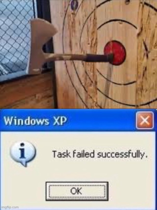 Task successfully failed | image tagged in task failed successfully,axe,throw,funny,memes,funny memes | made w/ Imgflip meme maker