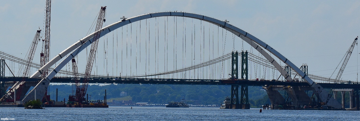 All the sections are in place! | image tagged in i 74 bridge,mississippi river | made w/ Imgflip meme maker