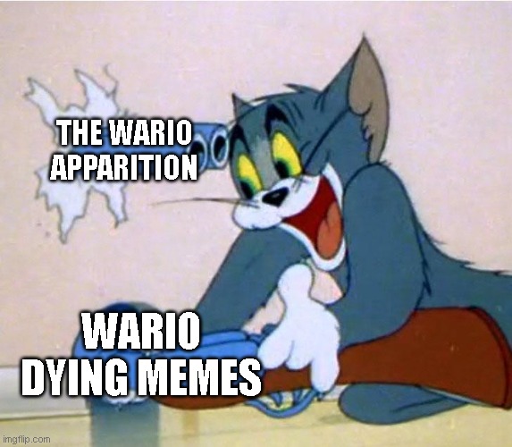 Tom Shooting himself by accident | THE WARIO APPARITION; WARIO DYING MEMES | image tagged in tom shooting himself by accident,wario | made w/ Imgflip meme maker