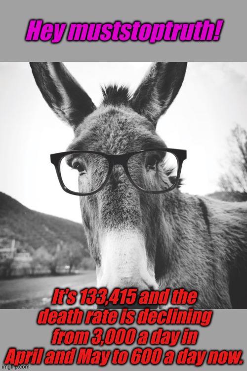 smart ass | Hey muststoptruth! It's 133,415 and the death rate is declining from 3,000 a day in April and May to 600 a day now. | image tagged in smart ass | made w/ Imgflip meme maker