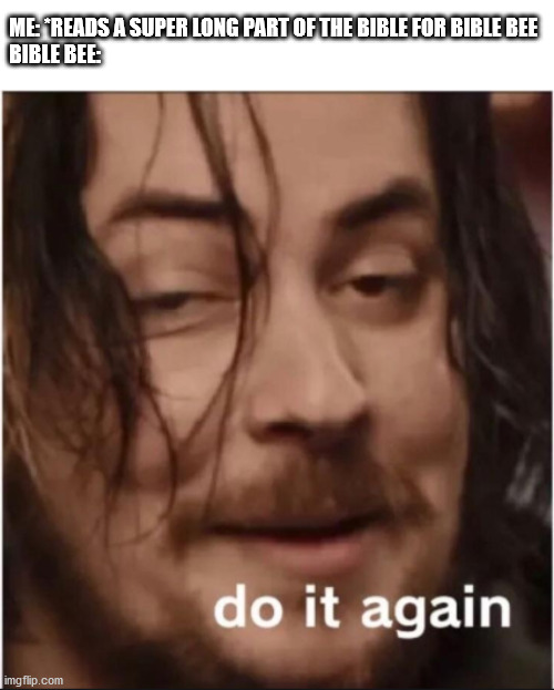 Do it again | ME: *READS A SUPER LONG PART OF THE BIBLE FOR BIBLE BEE
BIBLE BEE: | image tagged in do it again | made w/ Imgflip meme maker