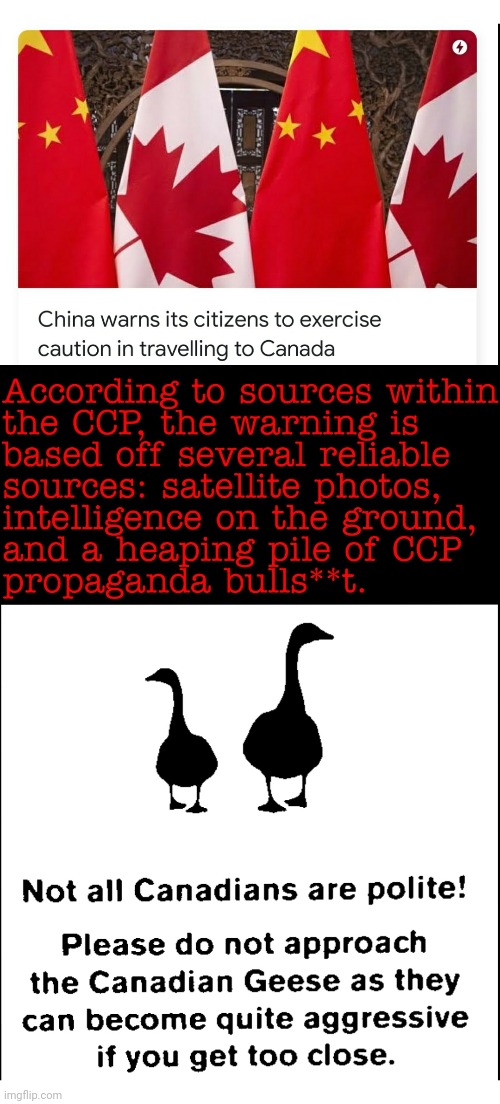 Canada is a Dangerous Place Warns CCP | image tagged in ccp,cananda,propaganda,funny not funny,travel | made w/ Imgflip meme maker