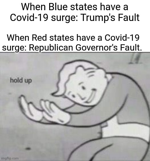 Democratic Media Logic | When Blue states have a Covid-19 surge: Trump's Fault; When Red states have a Covid-19 surge: Republican Governor's Fault. | image tagged in fallout hold up with space on the top | made w/ Imgflip meme maker