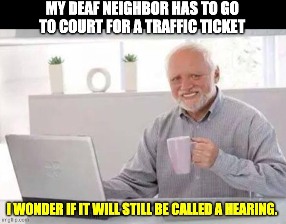 Harold | MY DEAF NEIGHBOR HAS TO GO TO COURT FOR A TRAFFIC TICKET; I WONDER IF IT WILL STILL BE CALLED A HEARING. | image tagged in harold | made w/ Imgflip meme maker