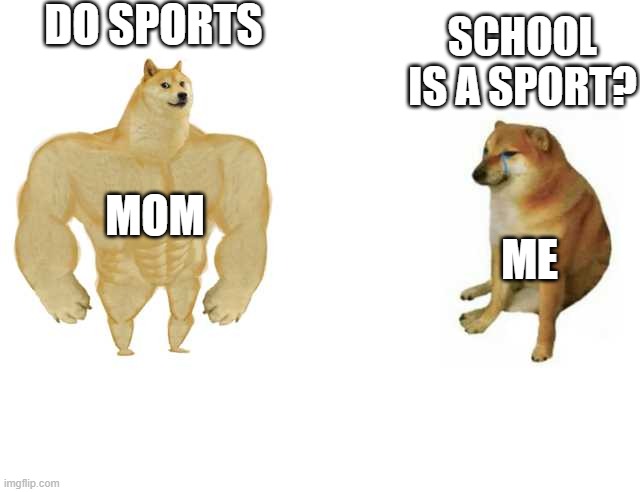 Buff Doge vs. Cheems Meme | DO SPORTS; SCHOOL IS A SPORT? MOM; ME | image tagged in strong doge weak doge | made w/ Imgflip meme maker