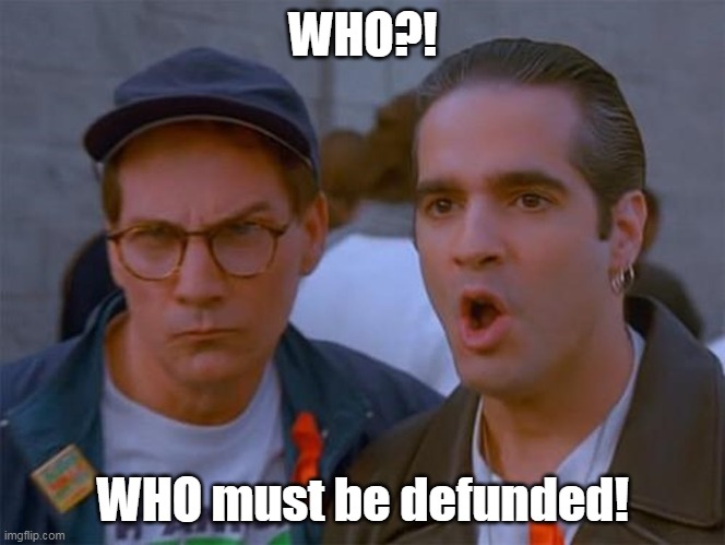 UN next! | WHO?! WHO must be defunded! | image tagged in united nations,world health organization,defund,seinfeld,china,maga | made w/ Imgflip meme maker