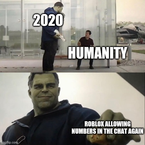 Literally nobody has mentioned this yet | 2020; HUMANITY; ROBLOX ALLOWING NUMBERS IN THE CHAT AGAIN | image tagged in hulk taco,roblox,roblox chat | made w/ Imgflip meme maker