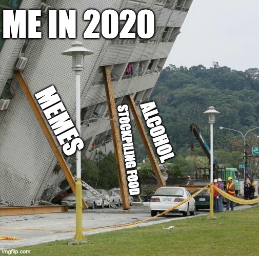 Falling building held up with sticks | ME IN 2020; MEMES; ALCOHOL; STOCKPILING FOOD | image tagged in falling building held up with sticks,2020,alcohol,memes | made w/ Imgflip meme maker
