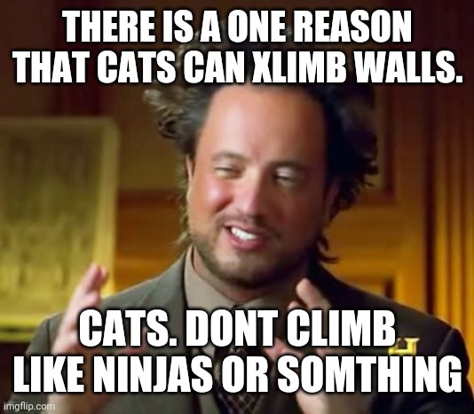 Ancient Aliens Meme | THERE IS A ONE REASON THAT CATS CAN XLIMB WALLS. CATS. DONT CLIMB LIKE NINJAS OR SOMTHING | image tagged in memes,ancient aliens | made w/ Imgflip meme maker