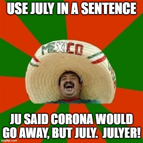 Julyer! | USE JULY IN A SENTENCE; JU SAID CORONA WOULD GO AWAY, BUT JULY.  JULYER! | image tagged in succesful mexican | made w/ Imgflip meme maker