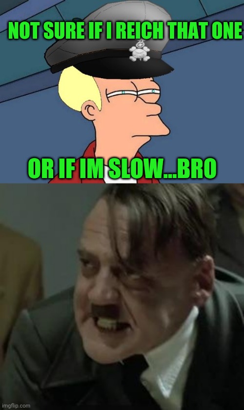 OR IF IM SLOW...BRO NOT SURE IF I REICH THAT ONE | image tagged in angry hitler,futurama nazi fry | made w/ Imgflip meme maker