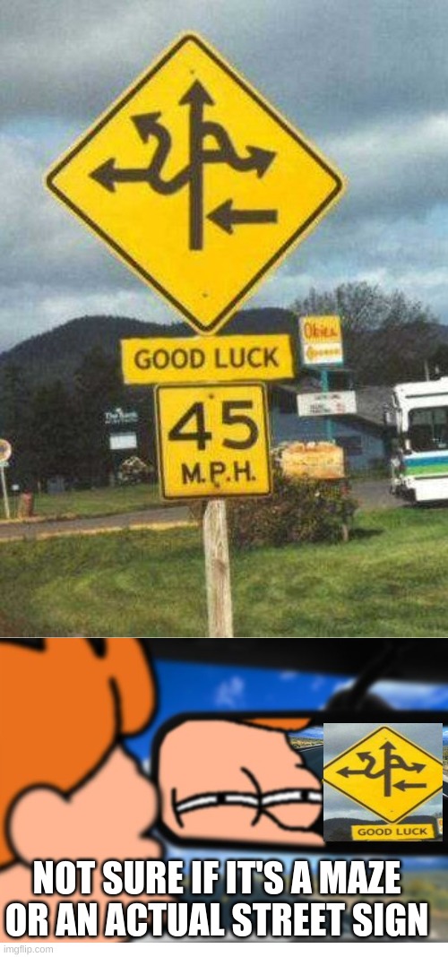 Ermahgerd | NOT SURE IF IT'S A MAZE OR AN ACTUAL STREET SIGN | image tagged in messed up street signs,futurama fry | made w/ Imgflip meme maker