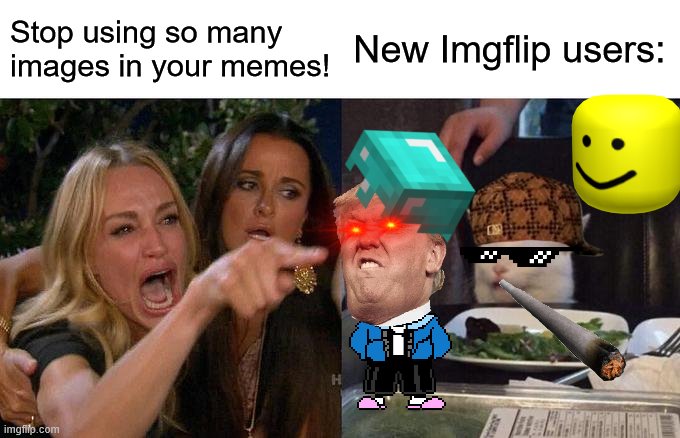 Woman Yelling At Cat | Stop using so many images in your memes! New Imgflip users: | image tagged in memes,woman yelling at cat | made w/ Imgflip meme maker