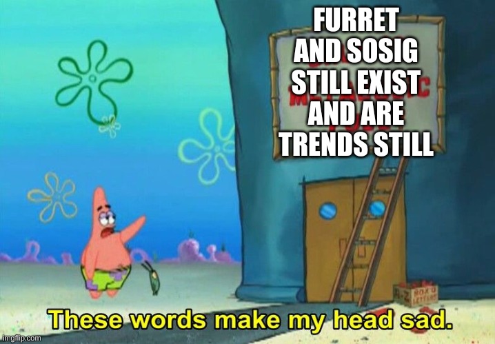 DIE TRASH FURRET | FURRET AND SOSIG STILL EXIST AND ARE TRENDS STILL | image tagged in these words make my head sad patrick | made w/ Imgflip meme maker