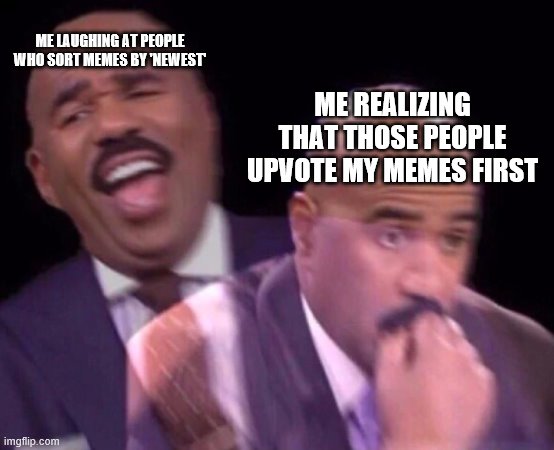 Steve Harvey Laughing Serious | ME LAUGHING AT PEOPLE WHO SORT MEMES BY 'NEWEST'; ME REALIZING THAT THOSE PEOPLE UPVOTE MY MEMES FIRST | image tagged in steve harvey laughing serious | made w/ Imgflip meme maker