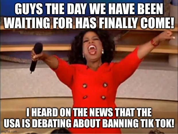 Finnaly the day has come! | GUYS THE DAY WE HAVE BEEN WAITING FOR HAS FINALLY COME! I HEARD ON THE NEWS THAT THE USA IS DEBATING ABOUT BANNING TIK TOK! | image tagged in memes,oprah you get a | made w/ Imgflip meme maker