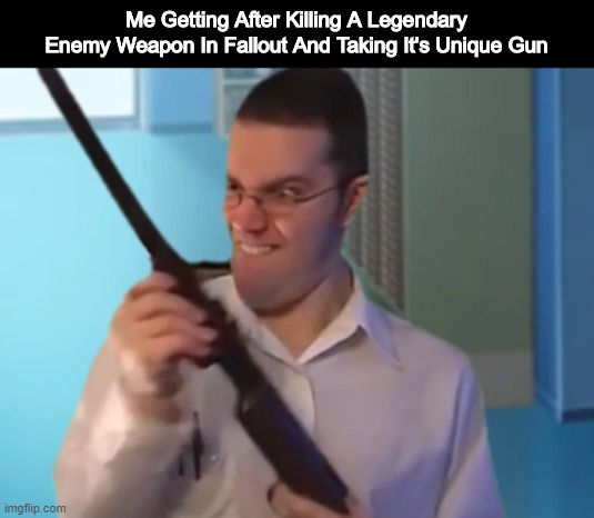 HAHAHAHA |  Me Getting After Killing A Legendary Enemy Weapon In Fallout And Taking It's Unique Gun | image tagged in avgn with a gun,fallout 4,fallout,avgn,shotgun,your a poopyhead | made w/ Imgflip meme maker