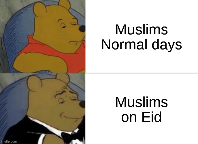 Tuxedo Winnie The Pooh | Muslims Normal days; Muslims on Eid | image tagged in memes,tuxedo winnie the pooh | made w/ Imgflip meme maker