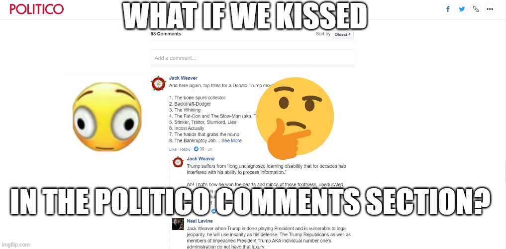 Political Kissing | WHAT IF WE KISSED; IN THE POLITICO COMMENTS SECTION? | image tagged in american politics,political meme,political humor,kissing,dank memes | made w/ Imgflip meme maker