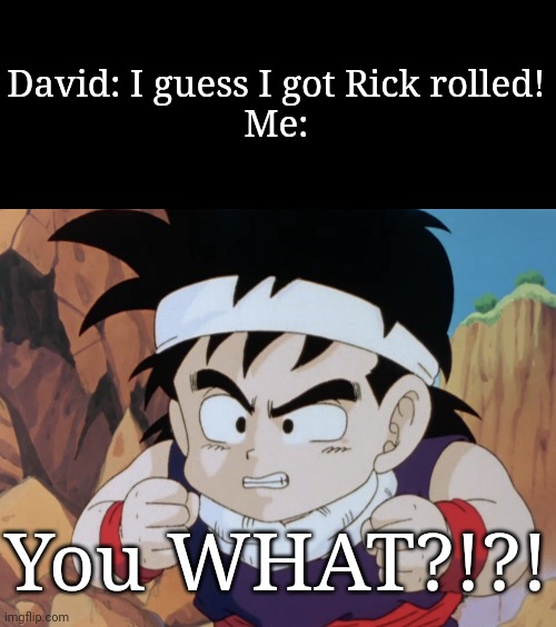 Gohan "Do I look like.." (DBZ) |  David: I guess I got Rick rolled!
Me:; You WHAT?!?! | image tagged in gohan do i look like dbz,rick rolled,funny,gohan,dragon ball z,memes | made w/ Imgflip meme maker