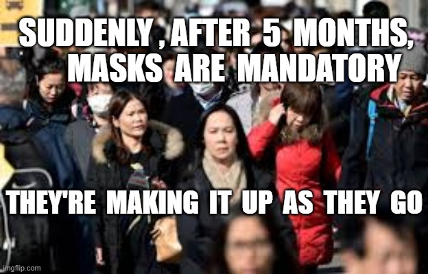 SUDDENLY , AFTER  5  MONTHS,       MASKS  ARE  MANDATORY; THEY'RE  MAKING  IT  UP  AS  THEY  GO | image tagged in covid19,coronavirus,plandemic,masks,covid related deaths | made w/ Imgflip meme maker