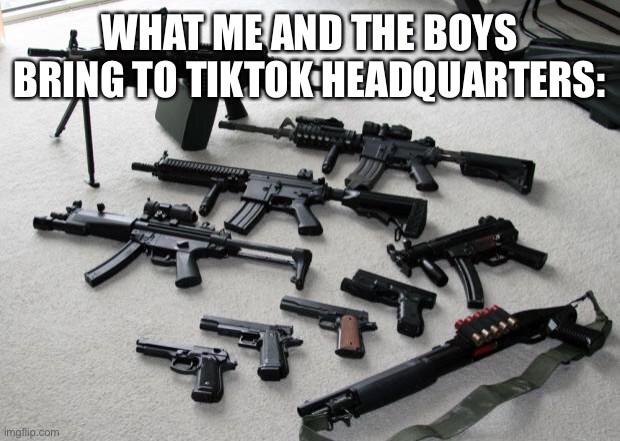 guns | WHAT ME AND THE BOYS BRING TO TIKTOK HEADQUARTERS: | image tagged in guns | made w/ Imgflip meme maker