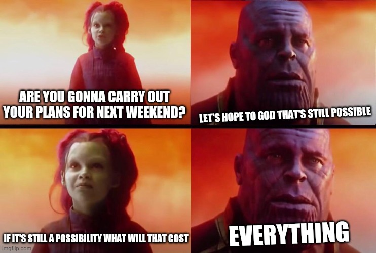 What did it cost? | ARE YOU GONNA CARRY OUT YOUR PLANS FOR NEXT WEEKEND? LET'S HOPE TO GOD THAT'S STILL POSSIBLE; EVERYTHING; IF IT'S STILL A POSSIBILITY WHAT WILL THAT COST | image tagged in what did it cost,memes | made w/ Imgflip meme maker