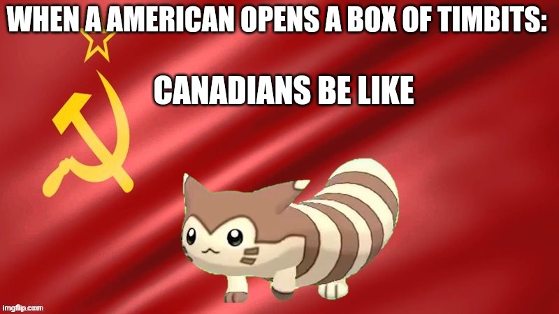 furret the soviet mastermind | WHEN A AMERICAN OPENS A BOX OF TIMBITS:; CANADIANS BE LIKE | image tagged in furret the soviet mastermind | made w/ Imgflip meme maker