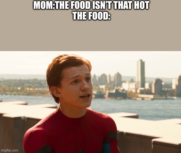 Just so you no I am not gay I just made this for fun | MOM:THE FOOD ISN’T THAT HOT
THE FOOD: | image tagged in tom holland spider-man,funny,hot,memes,funny memes | made w/ Imgflip meme maker