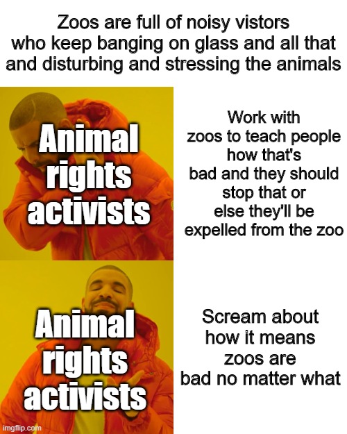 Drake zoo meme | Zoos are full of noisy vistors who keep banging on glass and all that and disturbing and stressing the animals; Work with zoos to teach people how that's bad and they should stop that or else they'll be expelled from the zoo; Animal rights activists; Scream about how it means zoos are bad no matter what; Animal rights activists | image tagged in memes,drake hotline bling,zoo,peta | made w/ Imgflip meme maker