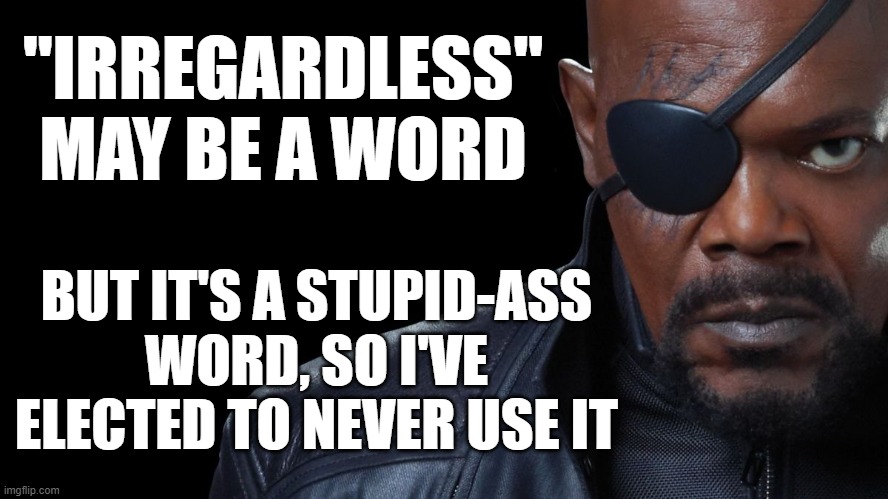 "Irregardless" is a stupid-ass word | "IRREGARDLESS" MAY BE A WORD; BUT IT'S A STUPID-ASS WORD, SO I'VE ELECTED TO NEVER USE IT | image tagged in nick fury,memes,dictionary,stupid | made w/ Imgflip meme maker