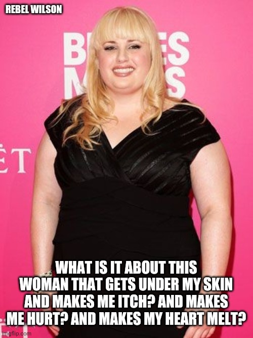 What is it about this woman | REBEL WILSON; WHAT IS IT ABOUT THIS WOMAN THAT GETS UNDER MY SKIN AND MAKES ME ITCH? AND MAKES ME HURT? AND MAKES MY HEART MELT? | image tagged in funny memes | made w/ Imgflip meme maker