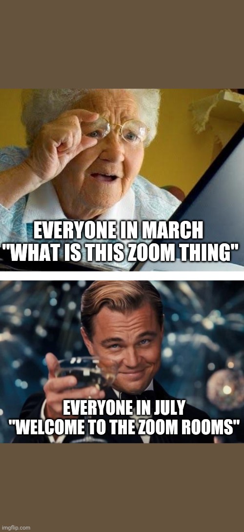 EVERYONE IN MARCH 
"WHAT IS THIS ZOOM THING"; EVERYONE IN JULY
"WELCOME TO THE ZOOM ROOMS" | image tagged in memes,leonardo dicaprio cheers,old lady at computer,zoom,coronavirus,working from home | made w/ Imgflip meme maker