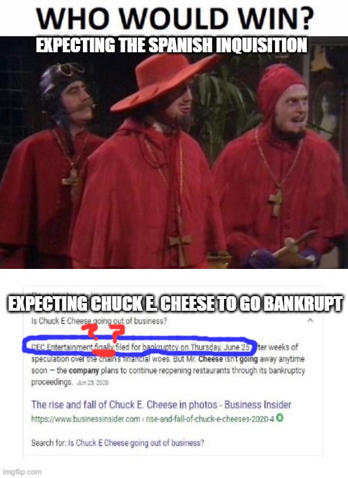 Death to Chuck e. |  EXPECTING THE SPANISH INQUISITION; EXPECTING CHUCK E. CHEESE TO GO BANKRUPT | image tagged in blank white template,memes,who would win | made w/ Imgflip meme maker