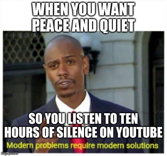 Not quite how that works... | WHEN YOU WANT PEACE AND QUIET; SO YOU LISTEN TO TEN HOURS OF SILENCE ON YOUTUBE | image tagged in modern problems | made w/ Imgflip meme maker