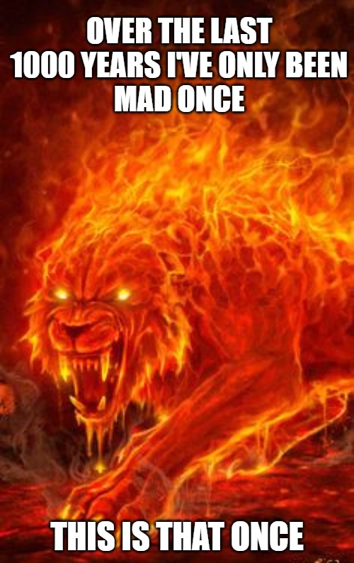 I'm Mad | OVER THE LAST
1000 YEARS I'VE ONLY BEEN
MAD ONCE; THIS IS THAT ONCE | image tagged in cats,fire,devil,memes,fun,funny | made w/ Imgflip meme maker