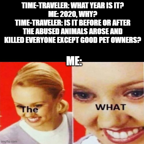 The What | TIME-TRAVELER: WHAT YEAR IS IT?
ME: 2020, WHY?
TIME-TRAVELER: IS IT BEFORE OR AFTER THE ABUSED ANIMALS AROSE AND KILLED EVERYONE EXCEPT GOOD PET OWNERS? ME: | image tagged in the what,2020 | made w/ Imgflip meme maker