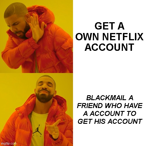 netflix | GET A OWN NETFLIX ACCOUNT; BLACKMAIL A FRIEND WHO HAVE A ACCOUNT TO GET HIS ACCOUNT | image tagged in memes,drake hotline bling | made w/ Imgflip meme maker