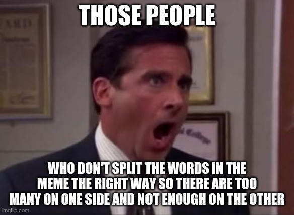 Hate this | THOSE PEOPLE; WHO DON'T SPLIT THE WORDS IN THE MEME THE RIGHT WAY SO THERE ARE TOO MANY ON ONE SIDE AND NOT ENOUGH ON THE OTHER | image tagged in michael scott aghast | made w/ Imgflip meme maker