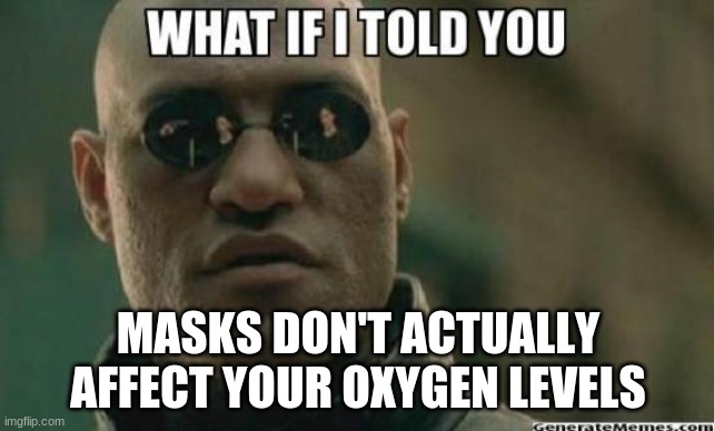 I'm not lying |  MASKS DON'T ACTUALLY AFFECT YOUR OXYGEN LEVELS | image tagged in what if i told you | made w/ Imgflip meme maker