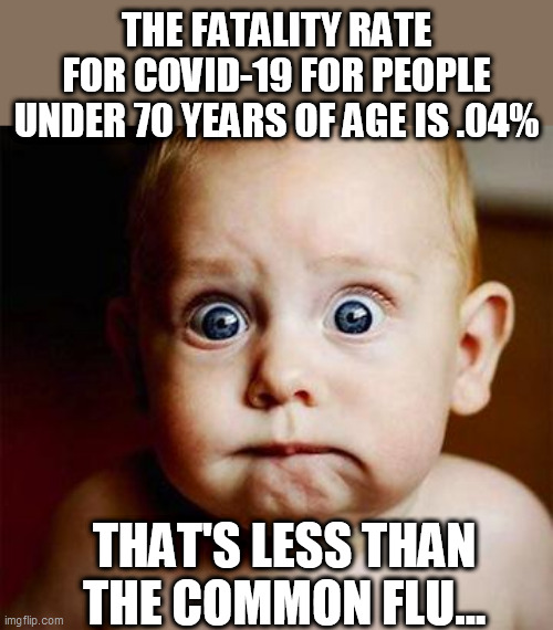 Fatality Rate | THE FATALITY RATE FOR COVID-19 FOR PEOPLE UNDER 70 YEARS OF AGE IS .04%; THAT'S LESS THAN THE COMMON FLU... | image tagged in memes,trump,democrat,republican,biden,flu | made w/ Imgflip meme maker