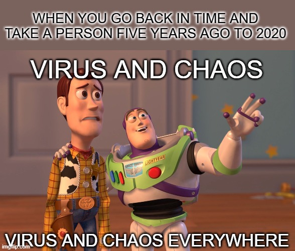 2020 is cursed | WHEN YOU GO BACK IN TIME AND TAKE A PERSON FIVE YEARS AGO TO 2020; VIRUS AND CHAOS; VIRUS AND CHAOS EVERYWHERE | image tagged in memes,x x everywhere | made w/ Imgflip meme maker