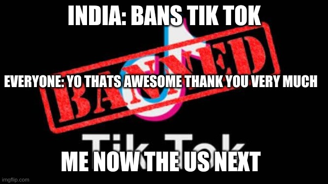 tik tok banned | INDIA: BANS TIK TOK; EVERYONE: YO THATS AWESOME THANK YOU VERY MUCH; ME NOW THE US NEXT | image tagged in tik tok trash | made w/ Imgflip meme maker