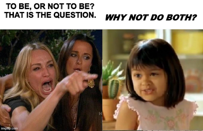 Be and Not Be | TO BE, OR NOT TO BE?
THAT IS THE QUESTION. WHY NOT DO BOTH? | image tagged in woman yelling at cat,why not both | made w/ Imgflip meme maker
