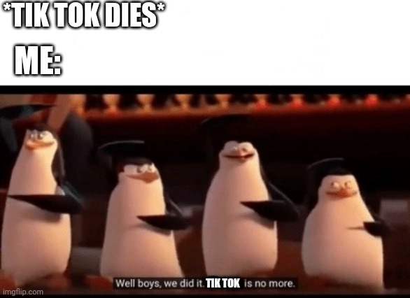 Well boys, we did it (blank) is no more | *TIK TOK DIES*; ME:; TIK TOK | image tagged in well boys we did it blank is no more | made w/ Imgflip meme maker