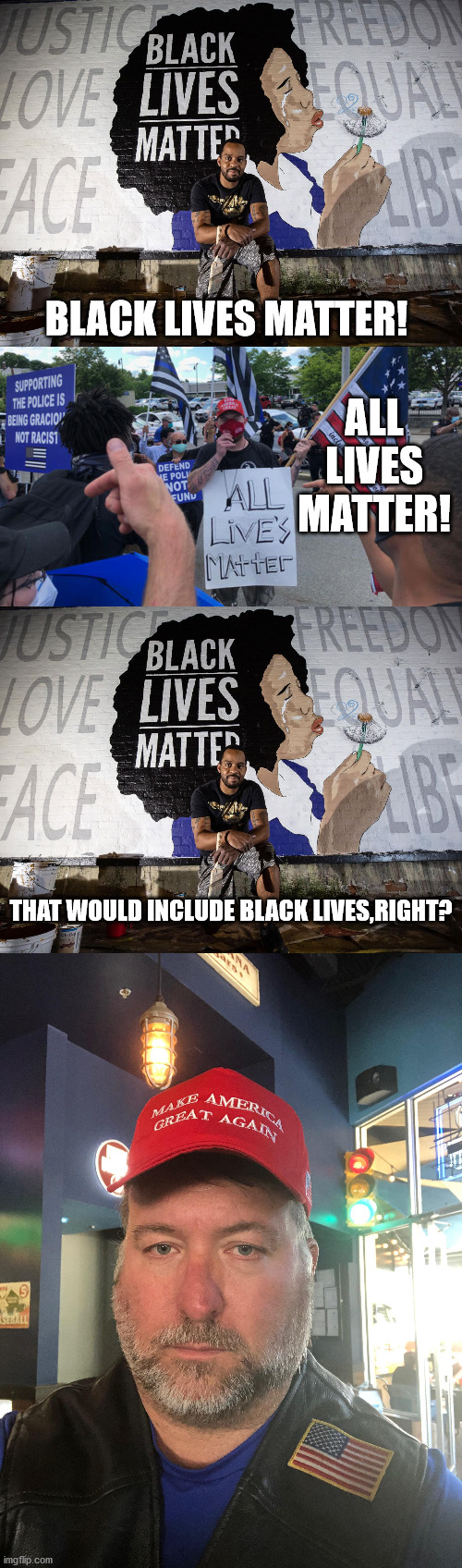 When you say all lives matter, you're confirming that black lives matter. | BLACK LIVES MATTER! ALL LIVES MATTER! THAT WOULD INCLUDE BLACK LIVES,RIGHT? | image tagged in black lives matter,racism,protests | made w/ Imgflip meme maker