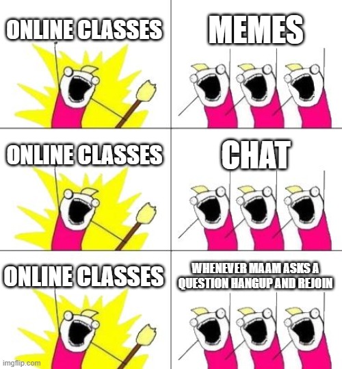 What Do We Want 3 Meme | ONLINE CLASSES; MEMES; ONLINE CLASSES; CHAT; ONLINE CLASSES; WHENEVER MAAM ASKS A QUESTION HANGUP AND REJOIN | image tagged in memes,what do we want 3 | made w/ Imgflip meme maker